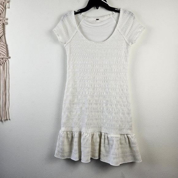 Free People Dress Women's Short Sleeve Cream Ivory White Boho Gauzy Large - Picture 1 of 8